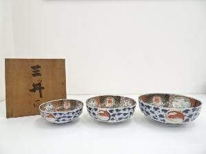 明治期　伊万里焼　染錦山水文三ツ丼